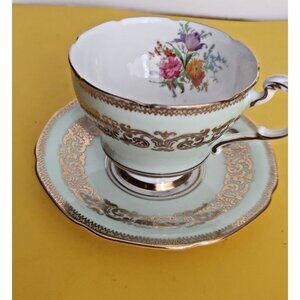 PARAGON Tea Cup and Saucer Green Floral Gold filigree Double Warrant